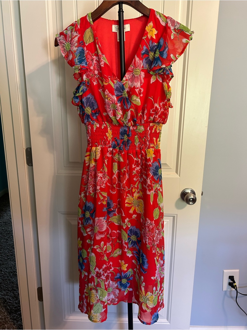 Jessica Simpson Red Floral Sun Dress with Ruffle sleeves